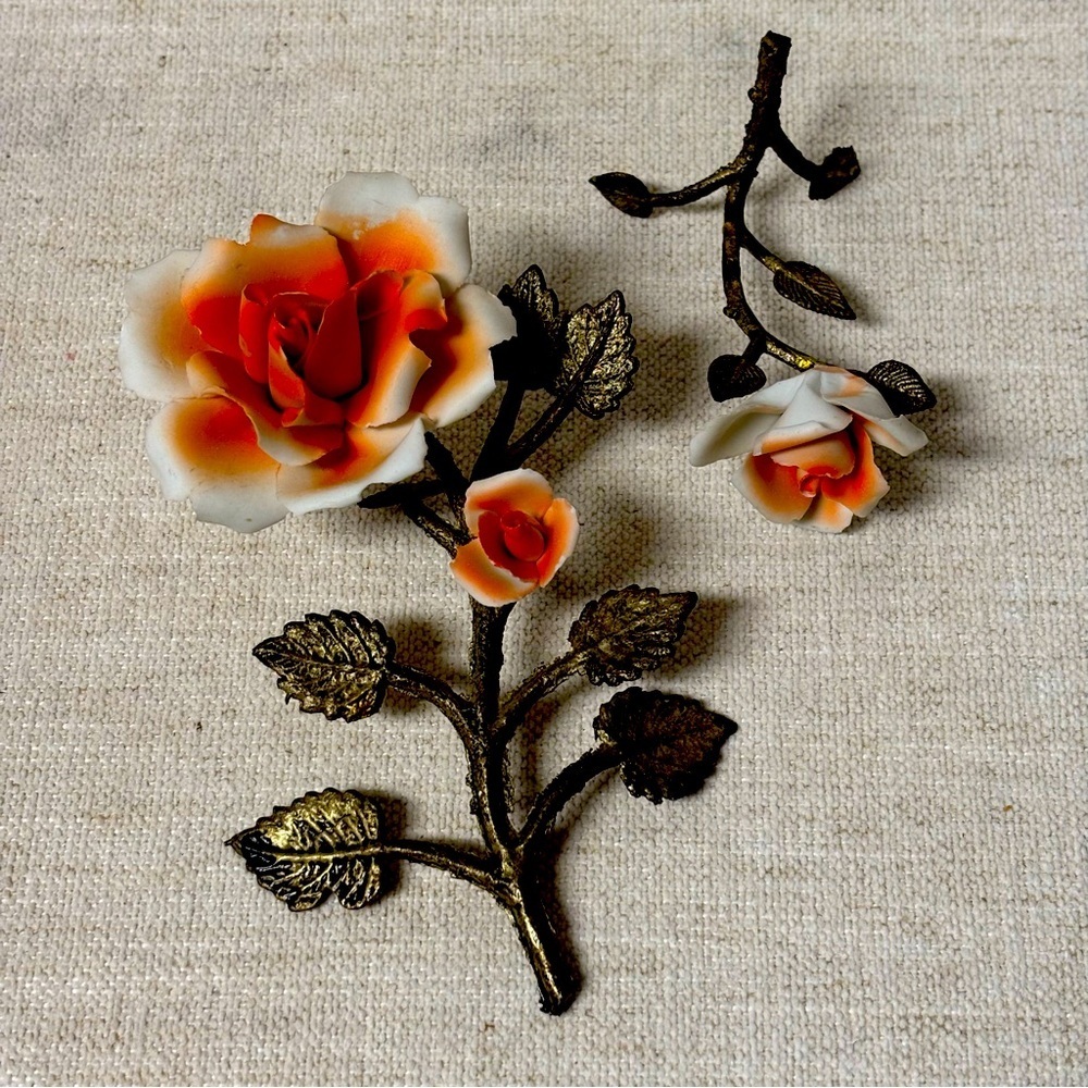 Set of 2 Vintage Porcelain Rose on Gold Metal Stem with Leaves